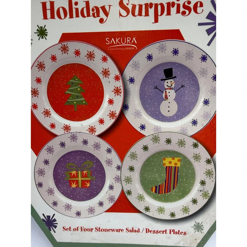 Sakura Holiday Surprise Stoneware Salad Dessert Plates Set of 8 Oneida Christmas